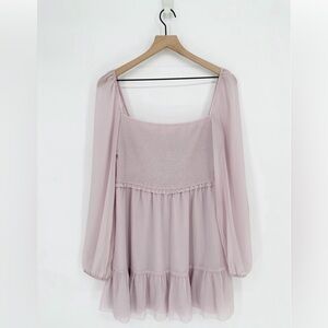 Aritzia Wilfred Tempest Smocked Chiffon Mini Dress Lilac Women's Large NEW